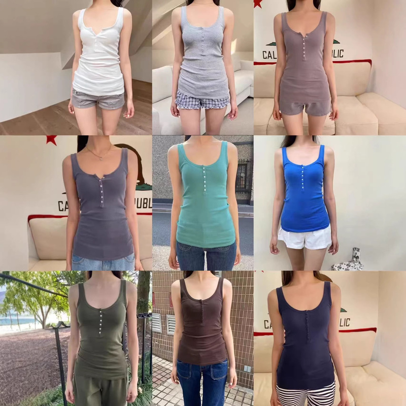 Bm Style American Hot Girl Solid Color Six-Button Tank Top, Slim Fit Outerwear Cotton Top for Women