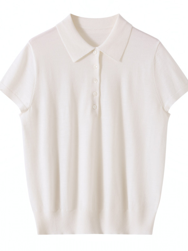 Z.M.R Workplace Business Style Old Money Style Polo Collar 100% Fine Wool Knitted Short Sleeve Women's Casual Turn-Down Collar Z.M.R Workplace Business Style Old Money Style Polo Collar 100% Fine Wool Knitted Short Sleeve Women's Casual Turn-Down Collar