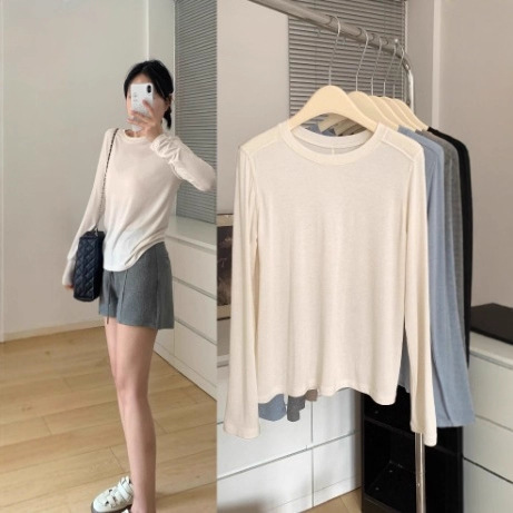 [Tencel Wool] Right Shoulder Knitted Long-Sleeved T-Shirt for Women 2025 New Spring Gentle Pure Desire Top Bottoming Shirt