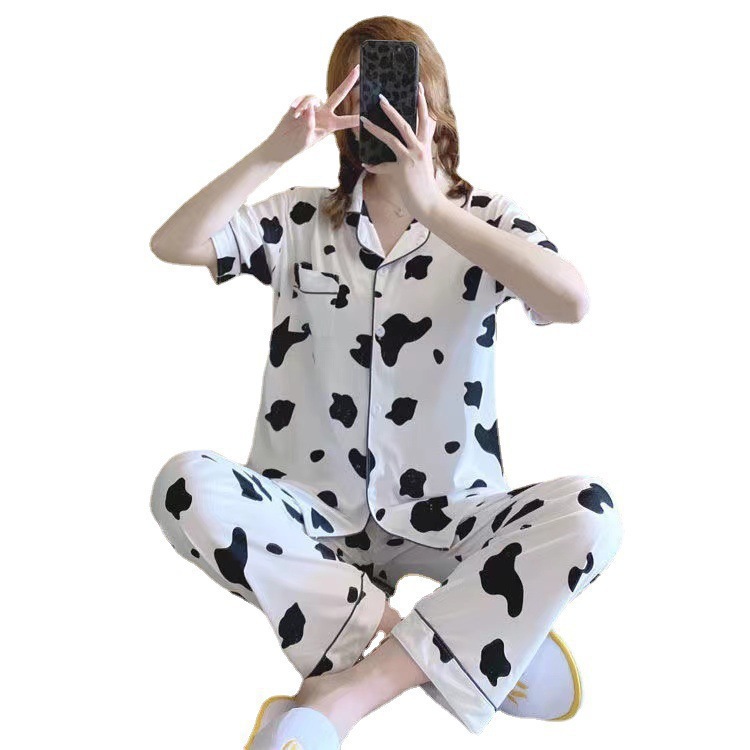 Pijamas para mujer ins verano nuevo estilo dulce y simple estudiante niña pantalones casuales de manga corta cardigan traje de servicio a domicilio