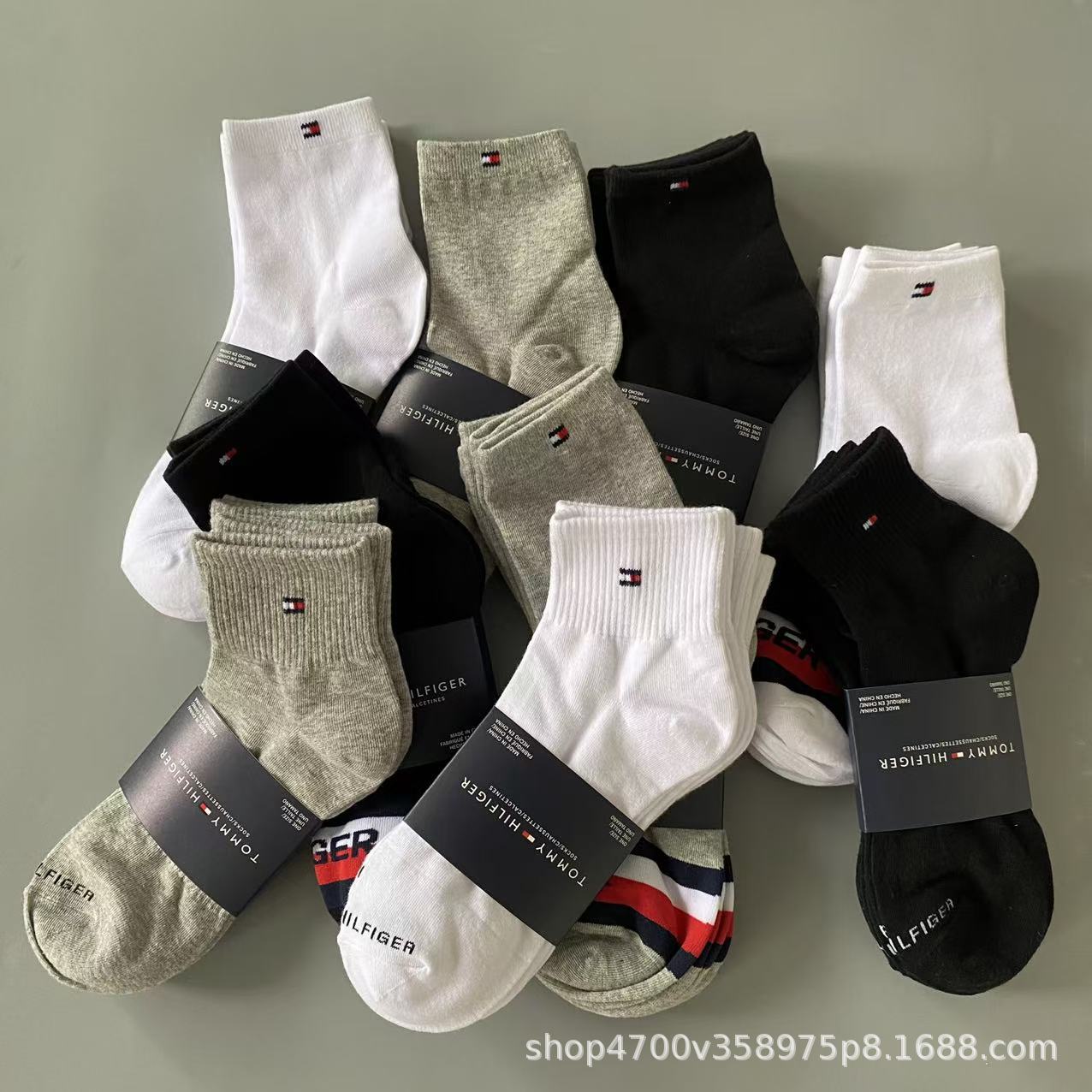 Tommy Unisex Orta Uzunluqlu Pambıq Corab, 3 Cüt, Qara Ağ Boz