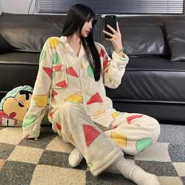 秋冬爆款珊瑚绒情侣女款睡衣女加厚加绒保暖开衫法兰绒家居服外穿