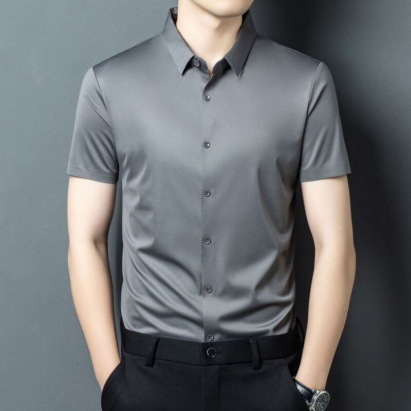 Ice Silk Seamless Short-Sleeved Shirt for Men, Summer Casual Non-Ironing Drapey Shirt, Middle-Aged Men's Solid Color Thin Top