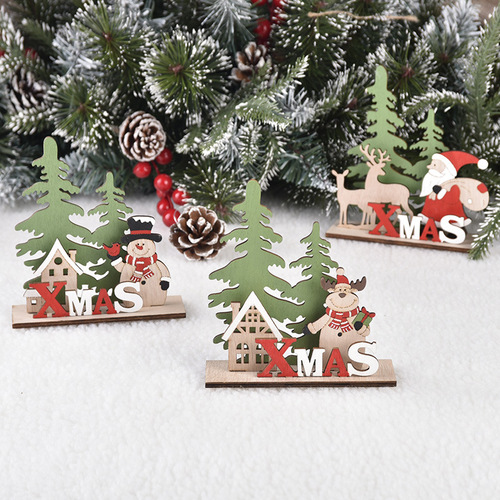 New Christmas Decorations, Wooden Christmas Ornaments DIY Children's Gift Small Gift Desk and Window Ornament