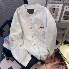 藏青色棒球服女早秋季别致独特超好看减龄外套上衣白灰色雪尼尔