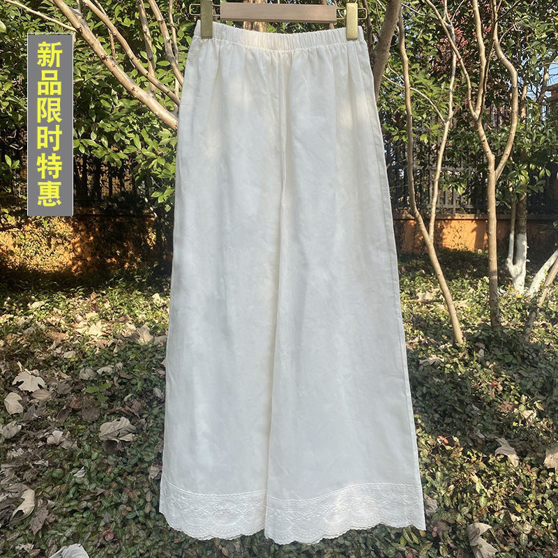 春夏季新款文艺复古休闲裤花边刺绣阔腿裤宽松九分拼接蕾丝裤女装|undefined