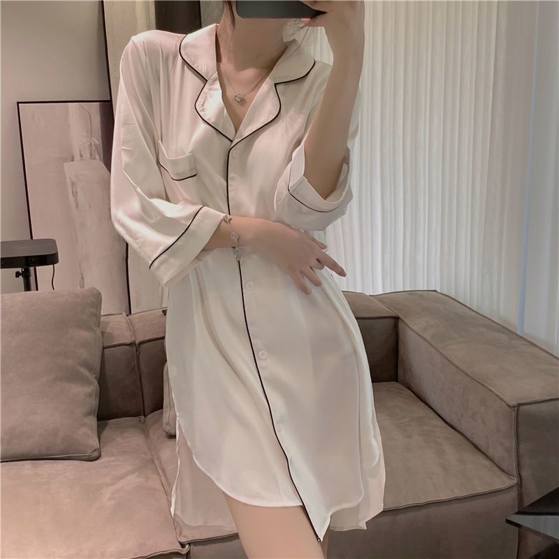 Ice Silk Pajamas Women's 2025 Summer New Boyfriend Style Fashionable White Shirt Mid-Length Silk Shirt Nightgown