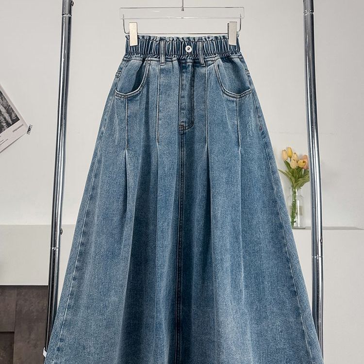 Plus-Size Denim Long Skirt A-Line Umbrella Skirt Mid-Length Elastic High-Waist Student Autumn Plus-Size Women's Clothing 85kg