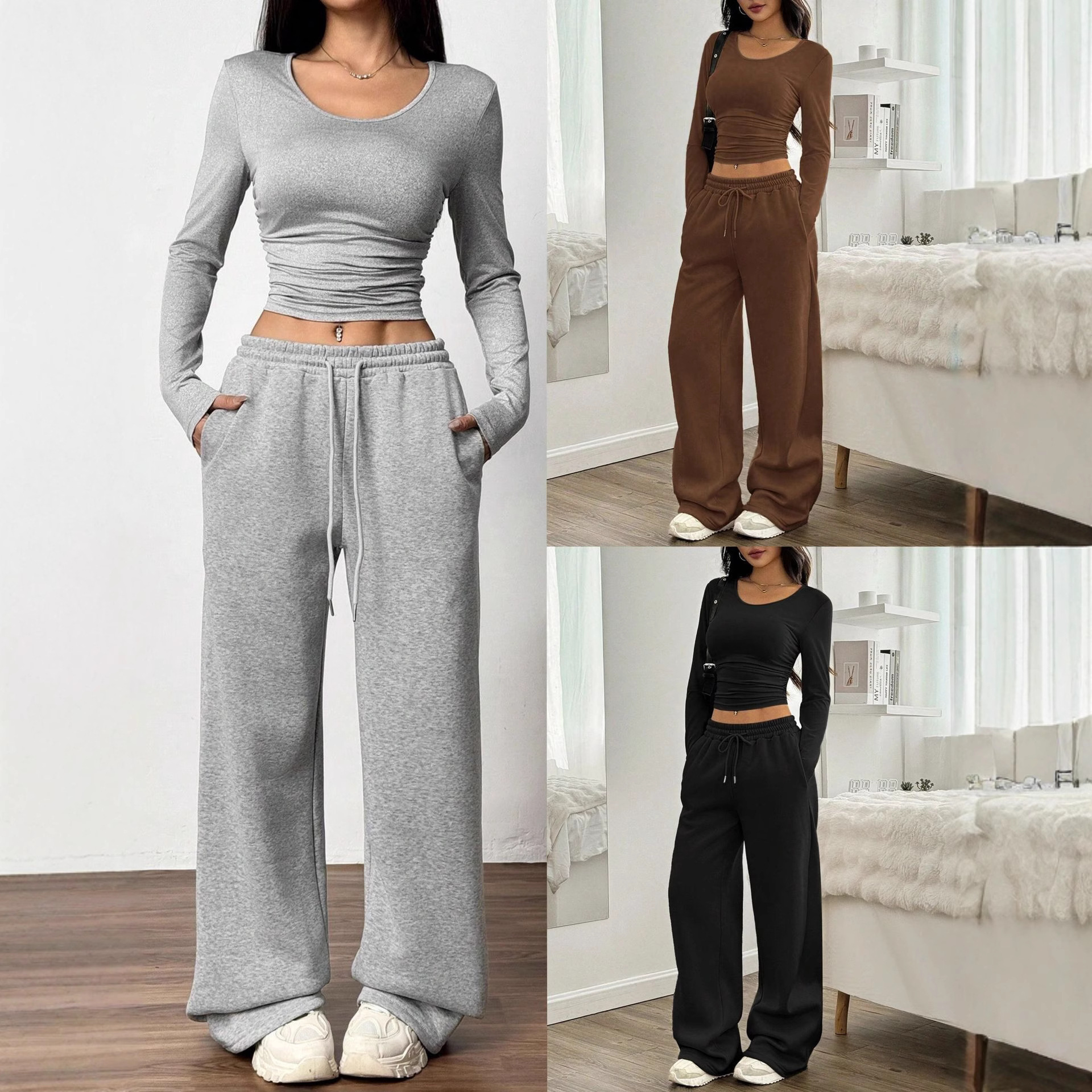 European and American Women's Cross-Border Fashion Casual Wide-Leg Pants Long-Sleeved Round-Neck Solid Color Slim-Fit Two-Piece Autumn and Winter Set