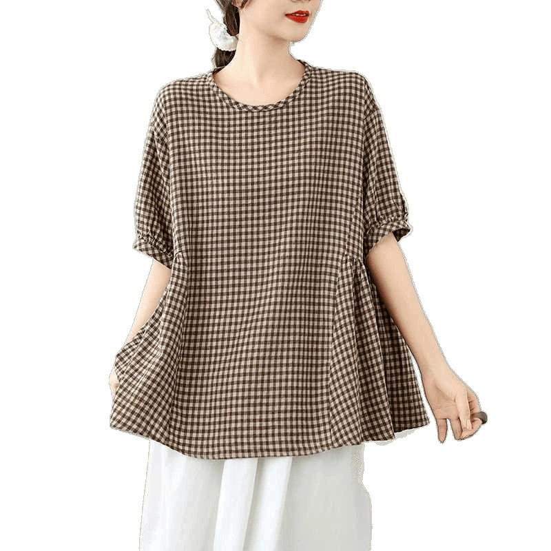Summer doll, shirt, Korean style, plus size, cotton and linen, with short sleeve