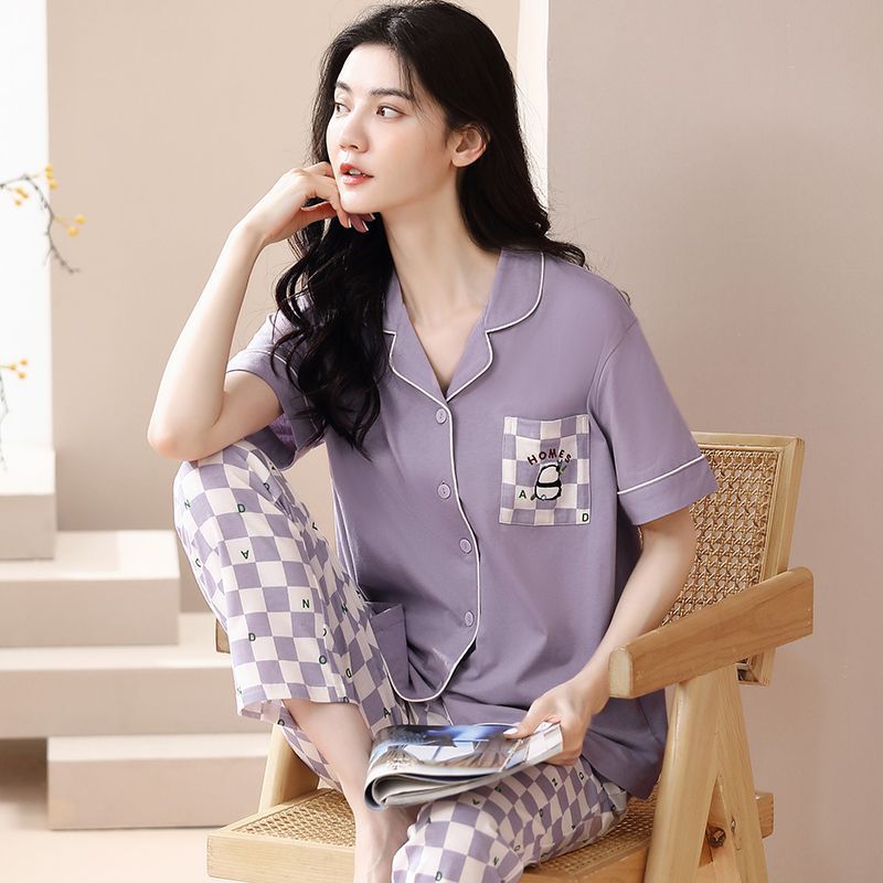 Nuevos pijamas de verano de las mujeres pantalones de manga corta 100% algodón Delgado solapa casual de las mujeres mamá ropa de casa traje de verano