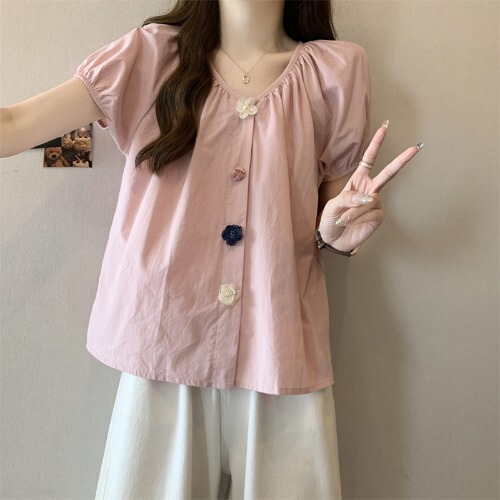 粉色泡泡袖V领短袖衬衫女夏大码胖mm减龄小衫立体花朵娃娃衫上衣|undefined