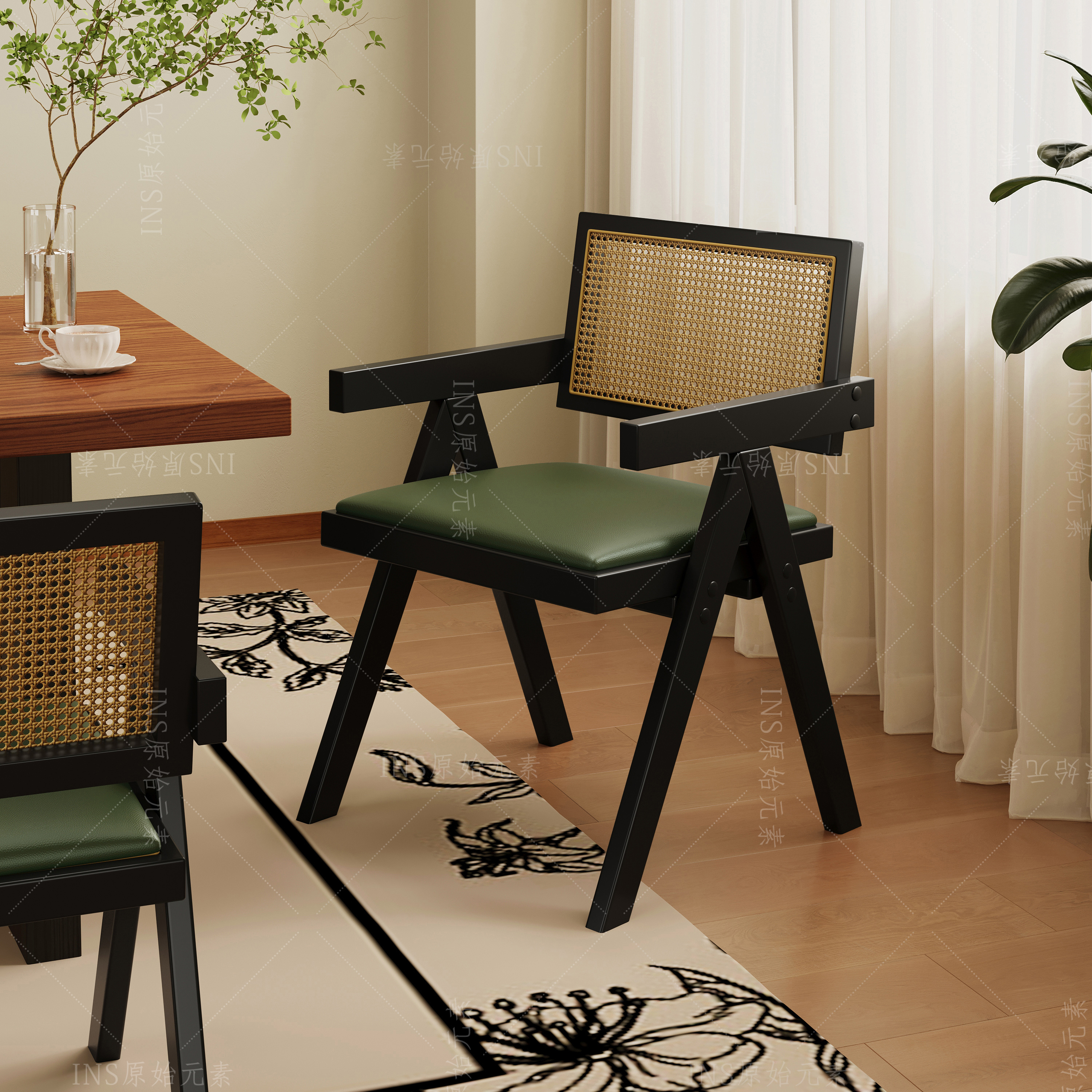 Medieval Style Rattan Solid Wood Dining Chair Home Restaurant Dining Table Chair Backrest Chair Nordic Retro Stool Makeup Chair