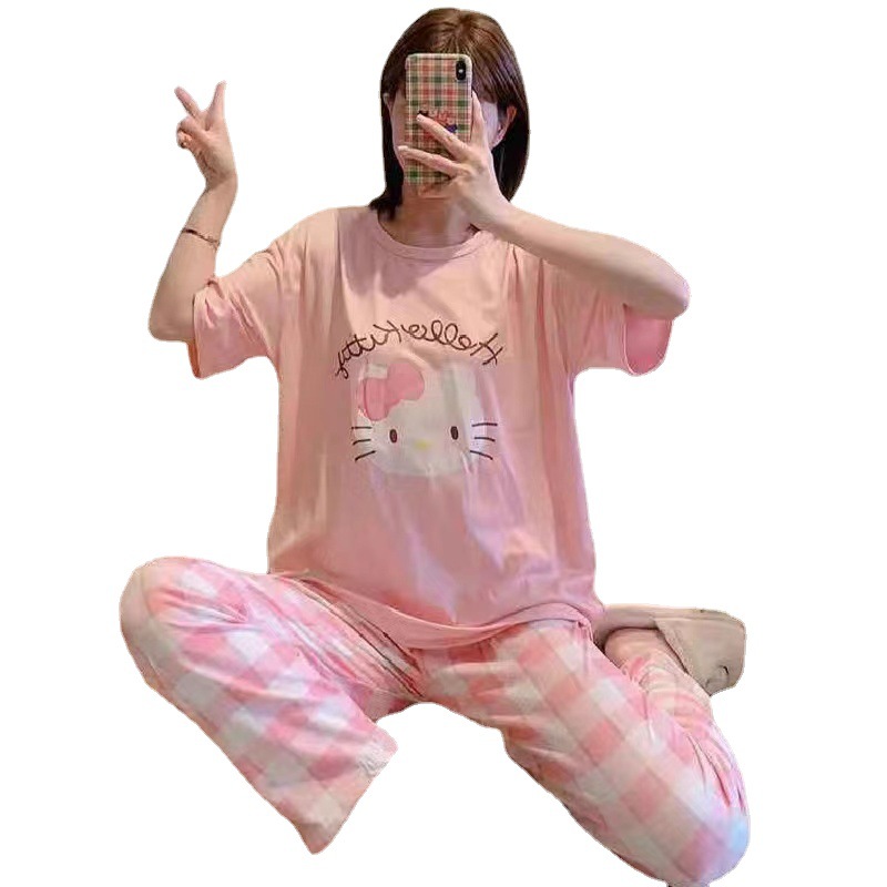 Pijamas de verano de las mujeres pantalones de manga corta traje de dos piezas princesa japonesa lindo kt gato estudiante niña de dibujos animados homewear image 6