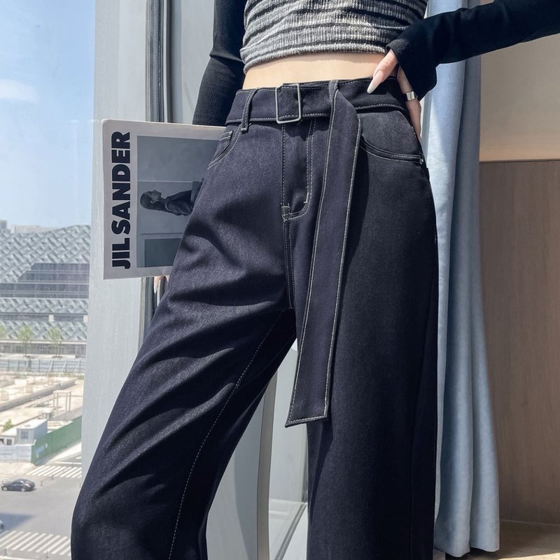 深蓝色竹节软牛仔裤女春秋季2025新款设计感高腰显瘦垂感微喇裤子|undefined