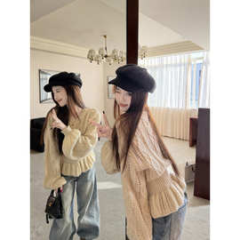 2026春秋季韩系新款慵懒风镂空长袖针织衫圆领毛衣宽松显瘦上衣女