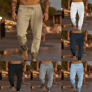 European and American Independent Station Cross-border New Men's Pure Color Drawstring Cotton and Linen Loose Casual Beach Casual Pants