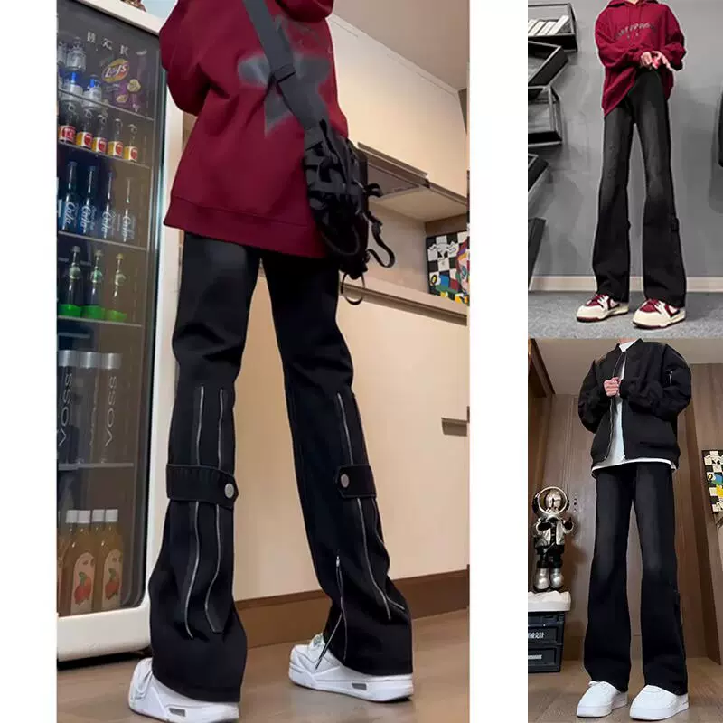 【跨境外贸专供】美式高街拉链微喇牛仔裤男士显腿长ins伐木裤子