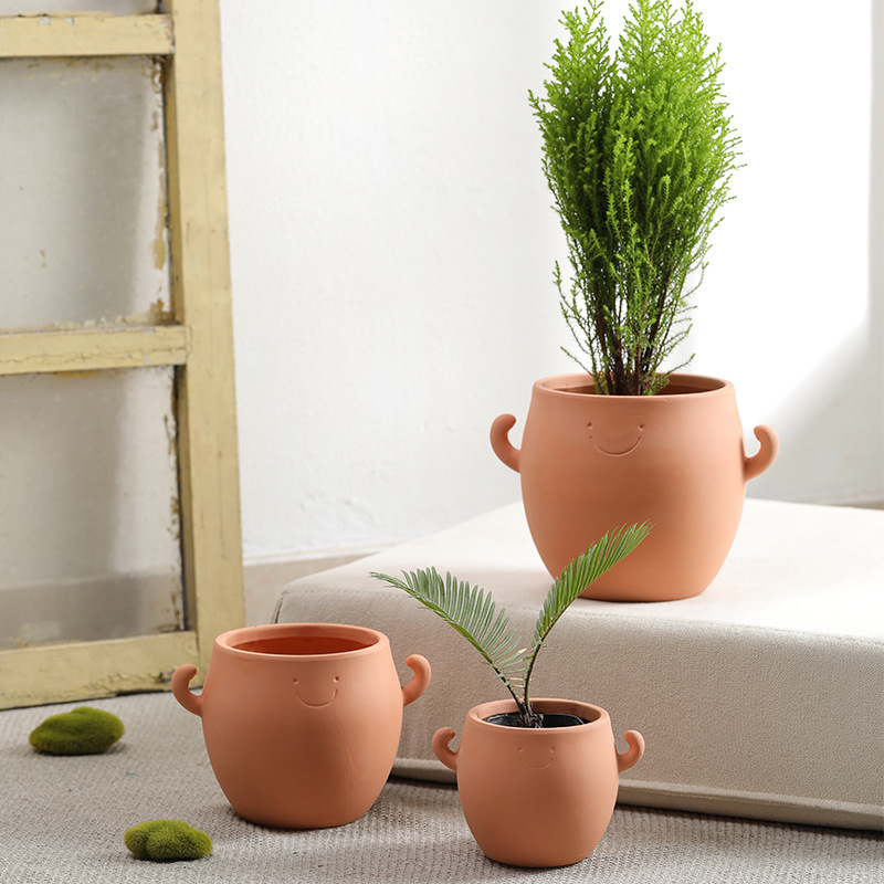 Handmade Cute Smiling Little Fat Red Pottery Flower Pot Breathable Absorbent Clay Plain Burned Coarse Pottery Green Planting Succulent with Tray