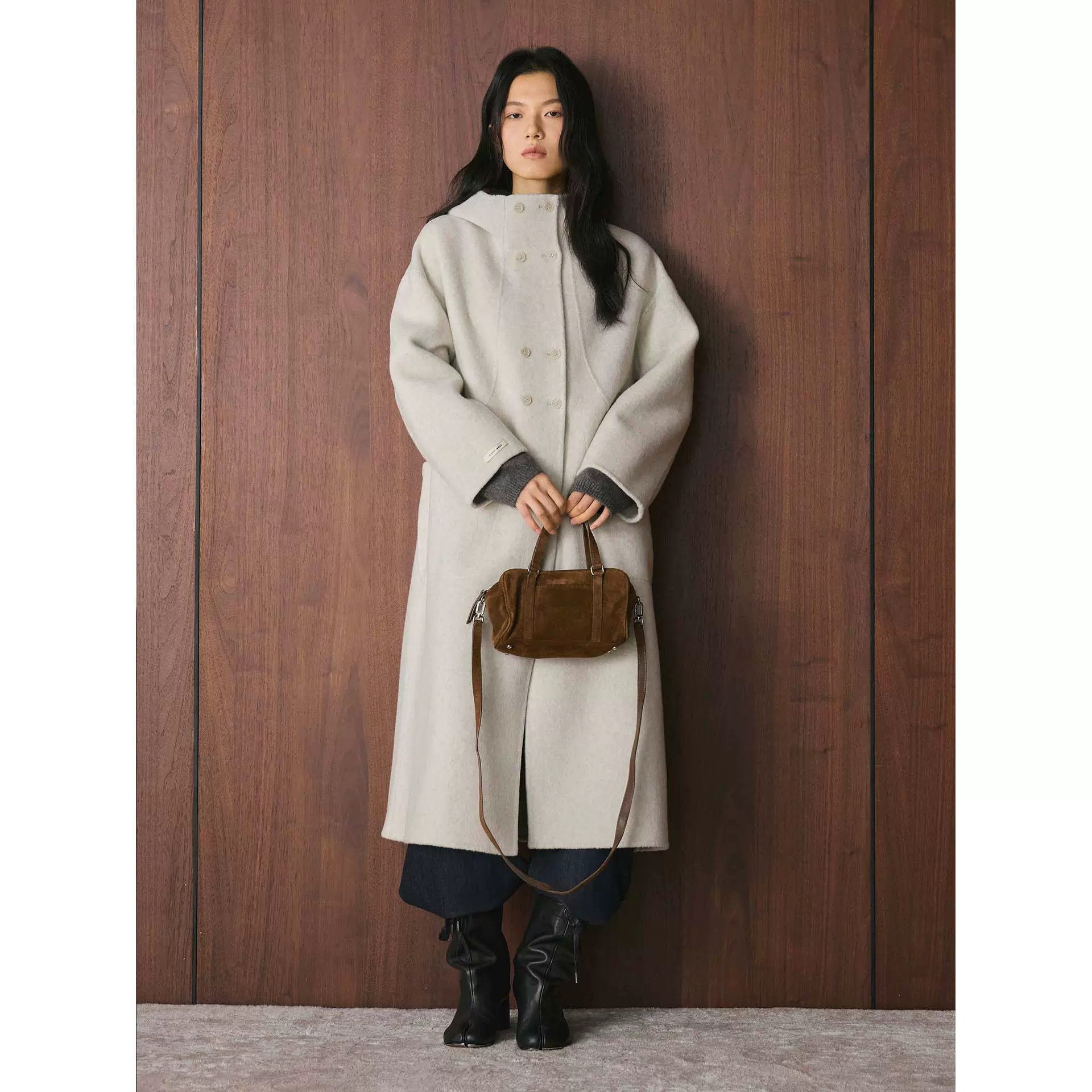 卢浮冬季新款韩系时髦双排扣中长款双面呢羊毛大衣廓形宽松外套女