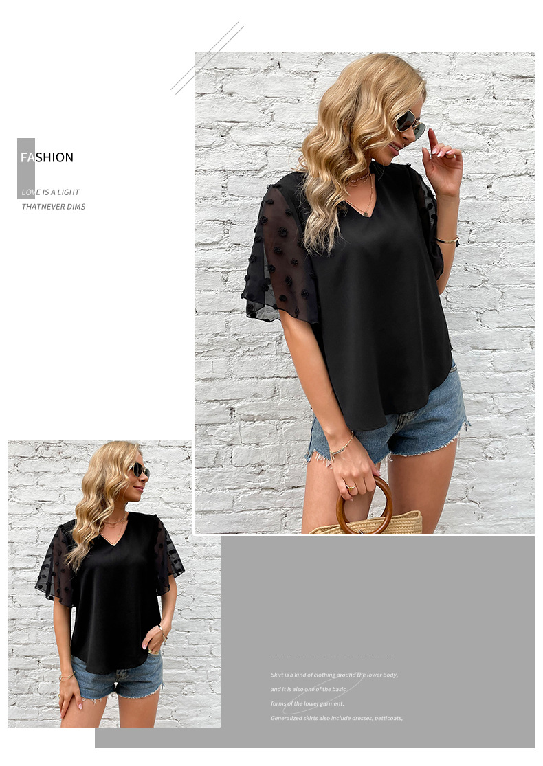 Schwarzes, kurzärmliges, durchsichtiges Trompetenhemd aus Netzstoff mit V-Ausschnitt_voghion.com