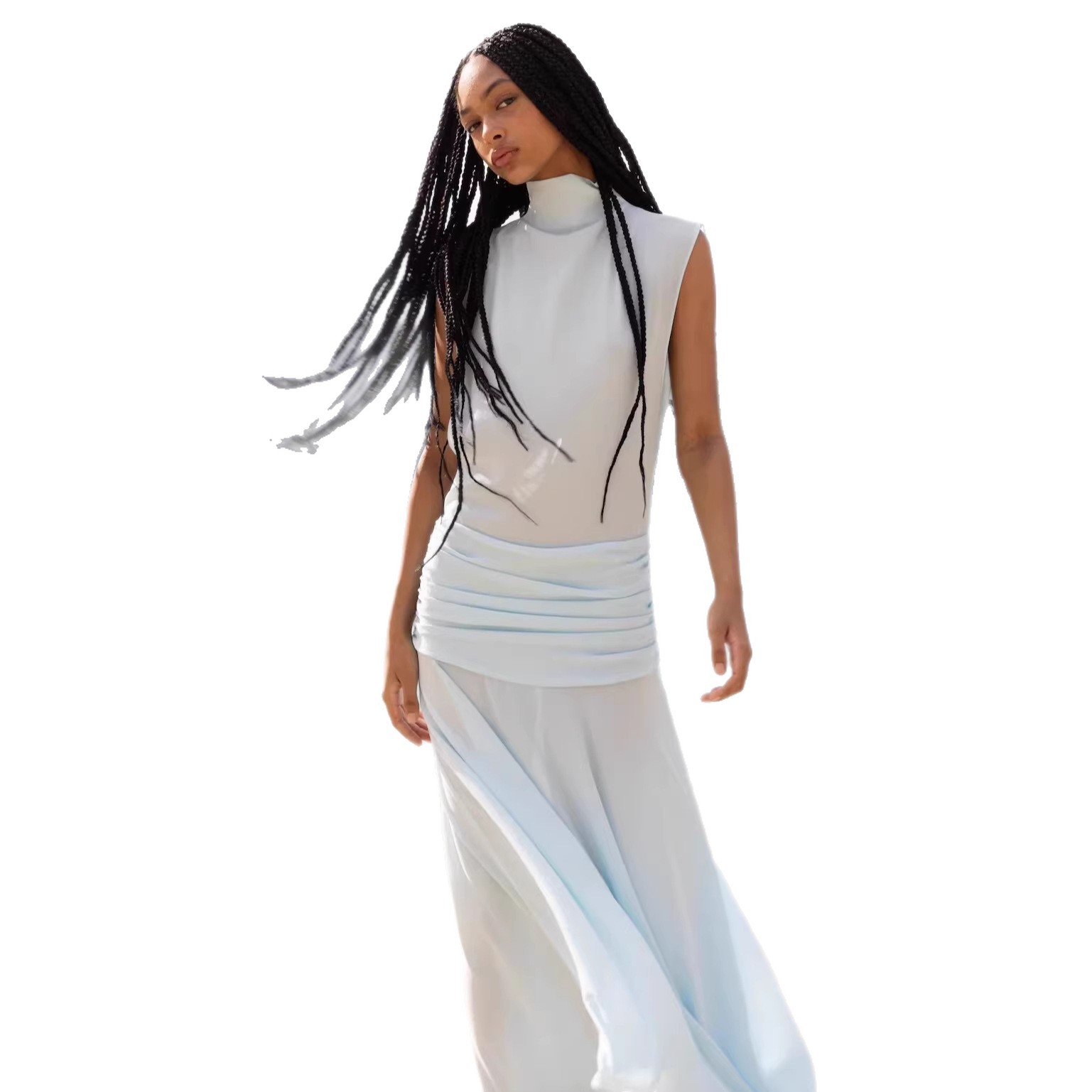 Summer Fashion Sleeveless Slim Fit Stand Collar Long Dress For Women Sexy Solid Color Ruched American Style_ecoleips.com