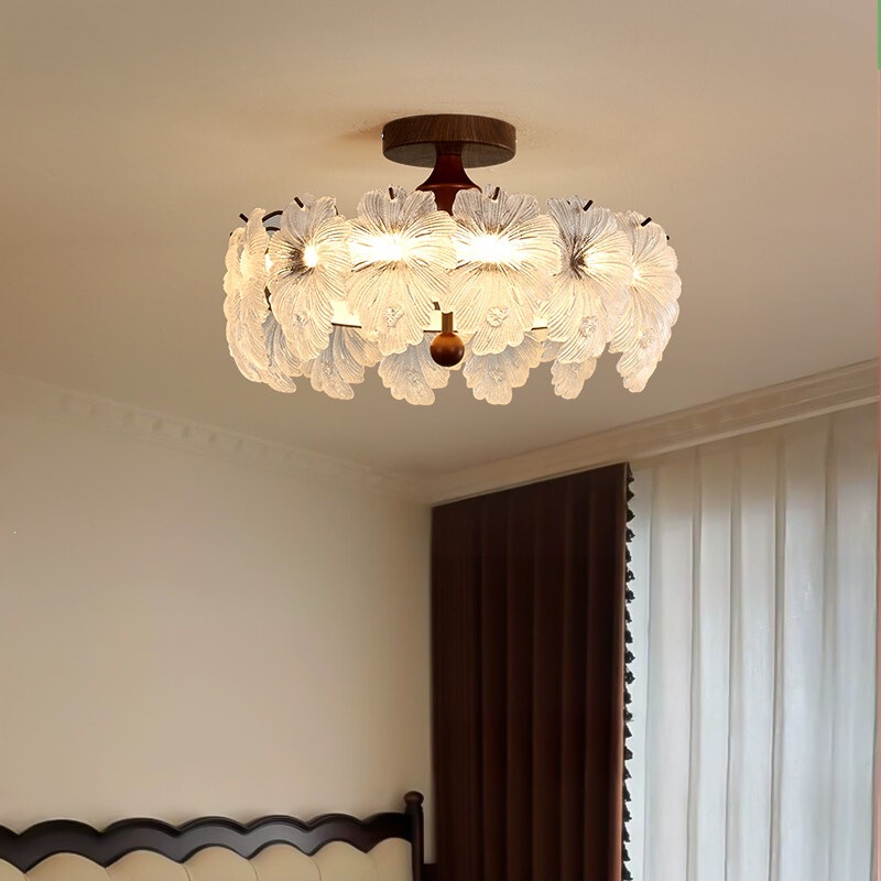 French-Style Vintage Glass Flower Ceiling Light for Bedroom, Retro Creative Light Luxury High-End Semi-Hanging Main Bedroom Eye-Protection Lamp