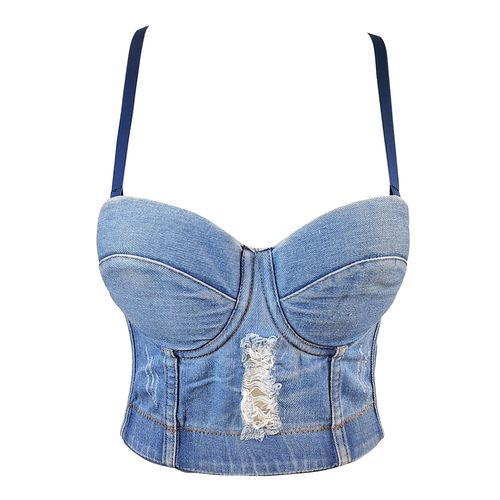 European and American ripped denim camisole short sexy midriff-baring fishbone tube top bra-free DJ hot girl top