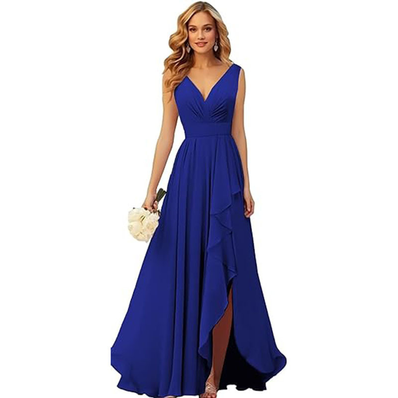 Cross-border Evening Dress 2024 New V-neck Pleated Split Strap Long Chiffon Party Ball Bridesmaid Dress Foreign Trade
