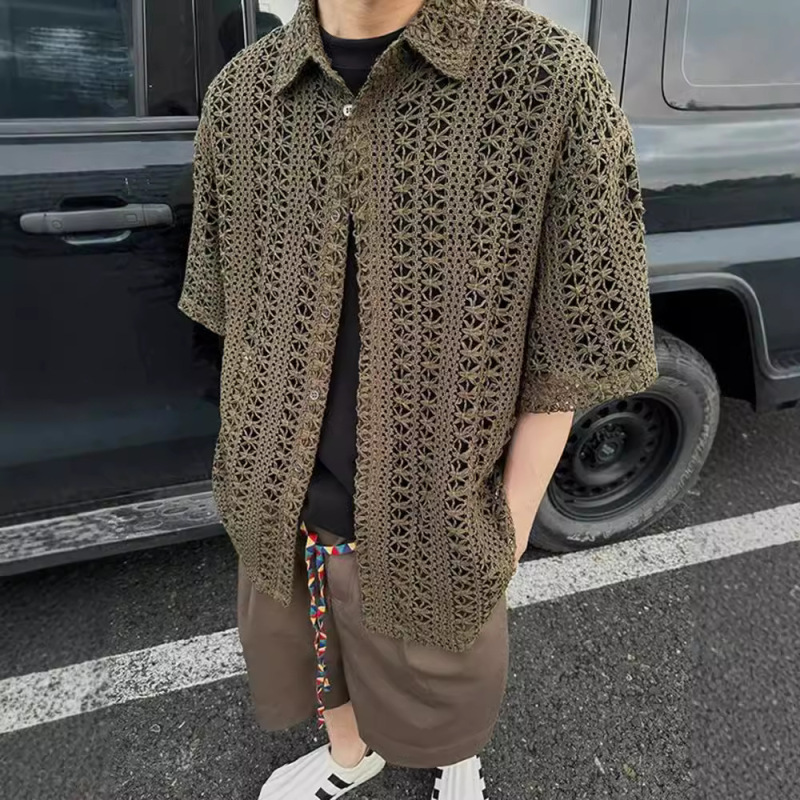 American Style Retro Hollow-out Knitwear Short-sleeved Men's Summer Thin Mesh Half-sleeved Shirt Japanese Style Antique Outer Cardigan