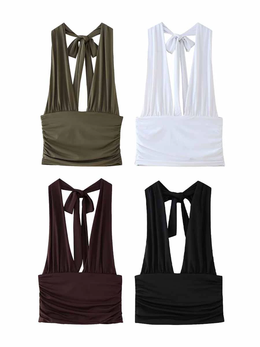 Трансграничная AliExpress Amazon, внешняя торговля, оптовая продажа, европейская и американская одежда, летняя однотонная короткая жилетка с открытой спиной и бретелькой на шее