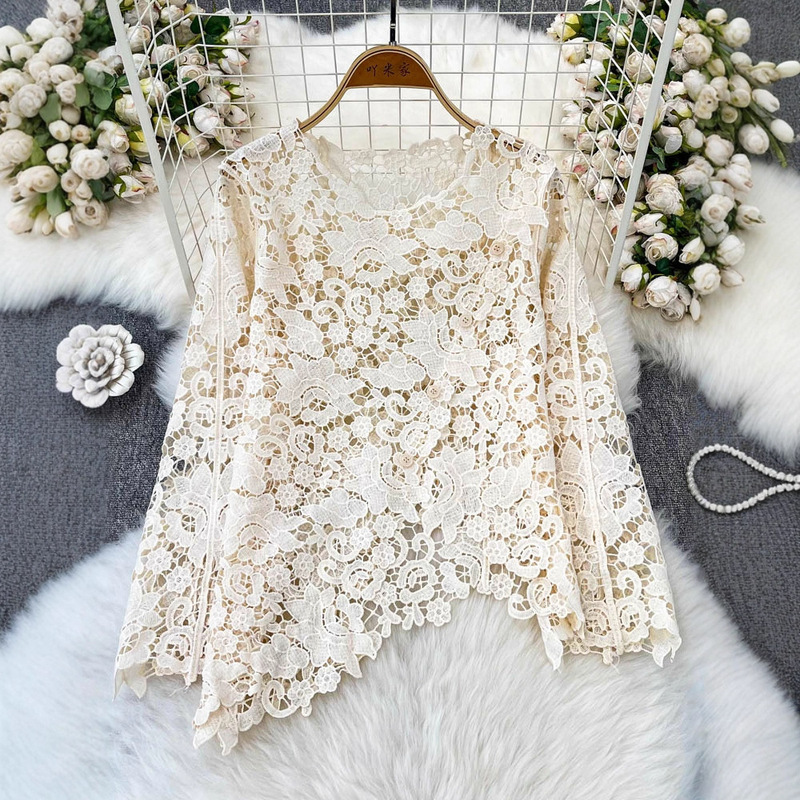 Foreign Trade Asymmetrical Cut Hook Pattern Round Neck Long-Sleeved Lace Blouse 2025 Summer Classy Elegant Outer Shirt Foreign Trade Asymmetrical Cut Hook Pattern Round Neck Long-Sleeved Lace Blouse 2025 Summer Classy Elegant Outer Shirt