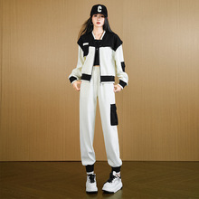 潮牌假两件撞色拼接休闲套装2025秋新款时尚炸街高级感外套束脚裤