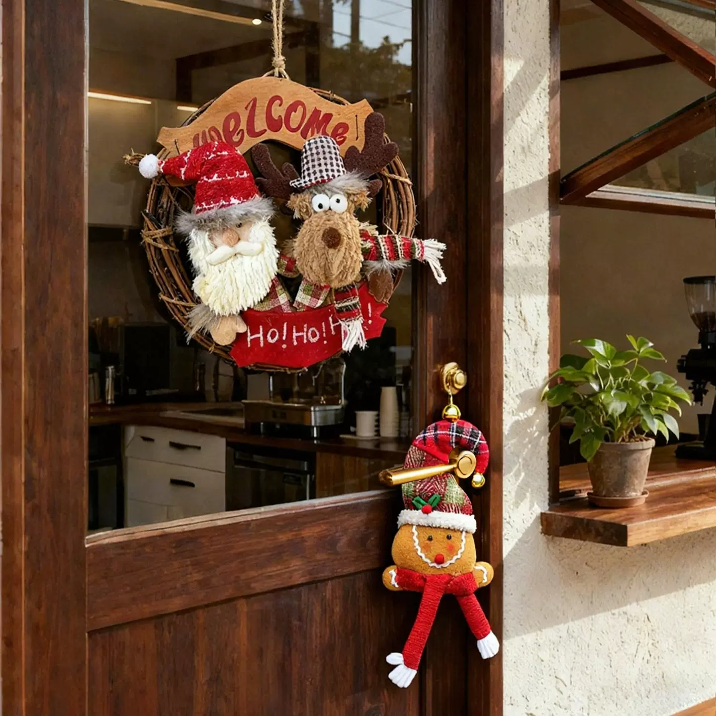 圣诞节商场店铺门上花环公仔挂件门把手挂装饰品圣诞氛围布置礼物