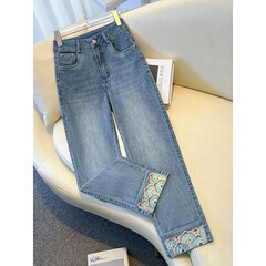 新しい中国風のジーンズ女性のための夏 2025 新しいハイウエスト狭いシガレットパンツ 9 点刺繍ストレートパンツ