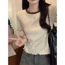 雪纺衫木耳边圆领短袖t恤女夏季2025新款气质修身显瘦短款上衣ins