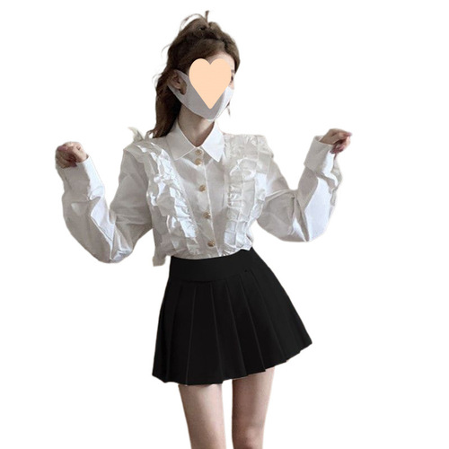 White shirt women's spring and autumn design sense niche French-style gentle ruffled long-sleeved top