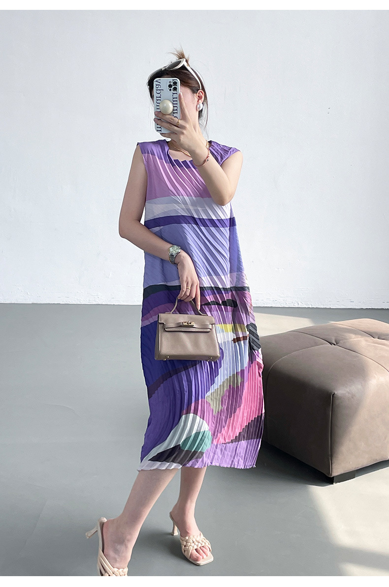 Váy maxi xếp ly in họa tiết hai dây dáng rộng thanh lịch — Màu xanh lam chi tiết 17
