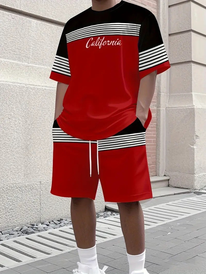 Men's Summer Gradient Letter 3D Digital Print T-Shirt And Shorts Set Trendy Casual Basic Comfortable Two-Piece Outfit_viptrois.com