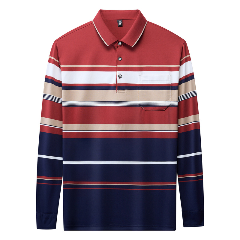 Luxury men's clothing for autumn: men's long-sleeve striped polo shirt with a turn-down collar, suitable for middle-aged dads, spring and autumn all-cotton T-shirt Luxury men's clothing for autumn: men's long-sleeve striped polo shirt with a turn-down collar, suitable for middle-aged dads, spring and autumn all-cotton T-shirt