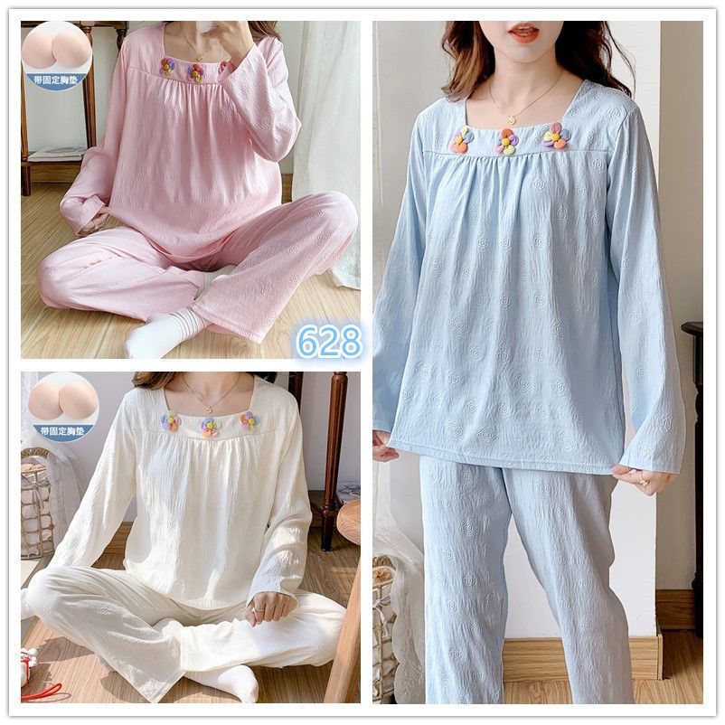 Nube de algodón pijama de mujer primavera y otoño 2025 nuevo con cojín de pecho conjunto de mangas largas dulce ropa doméstica de mujer se puede usar fuera
