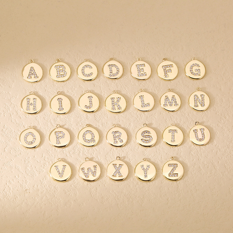 Wholesale copper inlaid zirconium round 26 letters pendant diy bracelet necklace English letters round brand pendant pendant