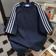 个性基础款t恤女三条杠纯黑色简约短袖夏季通勤宽松男女同款上衣