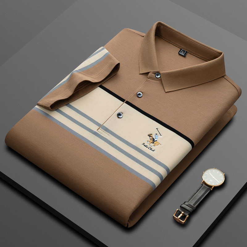 Pearl Cotton Shirt Short Sleeved T-Shirt With Lapel Collar, Casual Stripes, Youth Fashion Polo Shirt, Men's T-Shirt_voghion.com