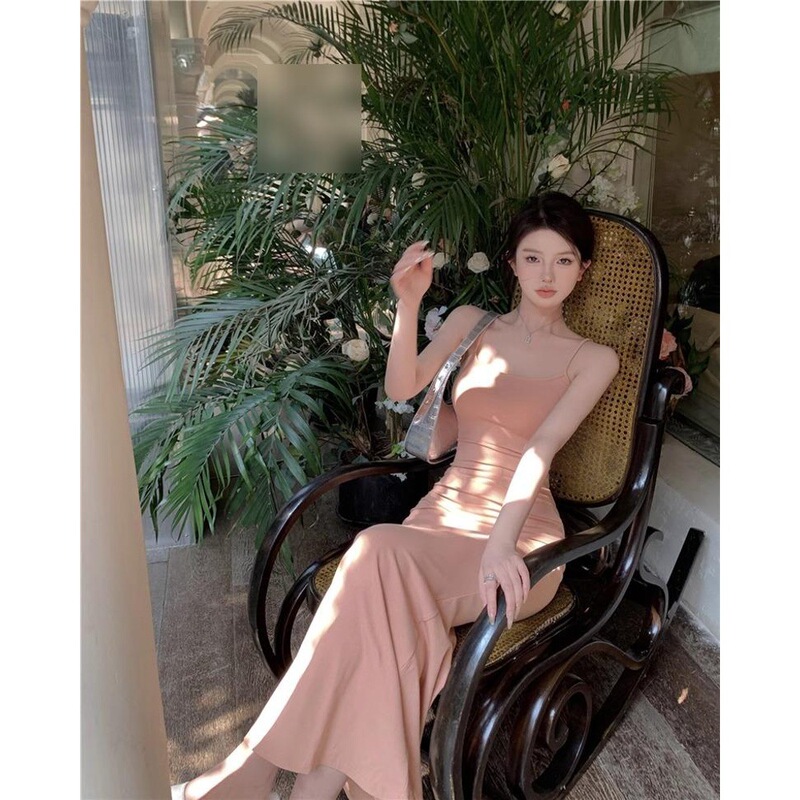 Tight Sling dress Women's Summer Spice Girl Pure Desire Pink Slim-fit Fishtail Skirt Waist-wrapped Hip Long Skirt