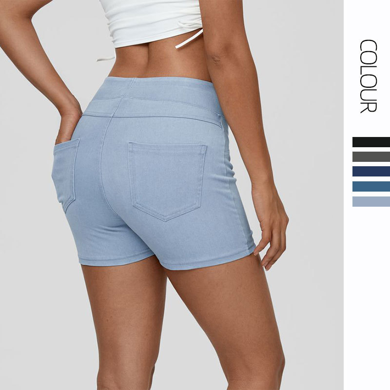 Pantalones cortos de yoga de mezclilla transfronterizos para mujer, cintura alta, bolsillos delgados para levantar la cadera, deportes para correr, pantalones casuales de tres puntos