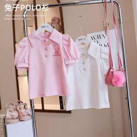 女童纯色翻领polo泡泡袖T恤2025夏装新款中大童洋气儿童短袖上衣