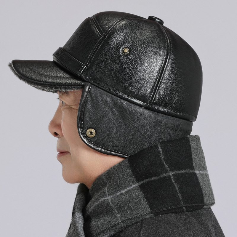 Sombrero para hombres de mediana edad, invierno caliente, papá, abuelo, gorra de cuero, vello grueso a prueba de frío y viento, gorra de lengua de pato para oídos de ancianos
