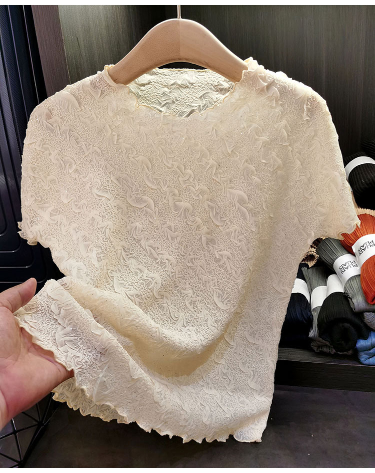 Áo thun ngắn tay xếp ly đính đá giả kim cương thời trang cao cấp — Màu đen, Màu tím nhạt, Màu hồng, Trắng chi tiết 8