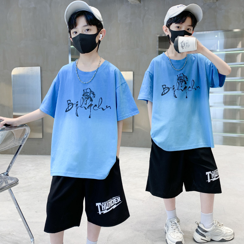 2023 Summer New Children's Wear Boys' Casual Colorful Hanging Dyed Letter T-shirt Middle Pants Set, Two Piece Set for_voghion.com